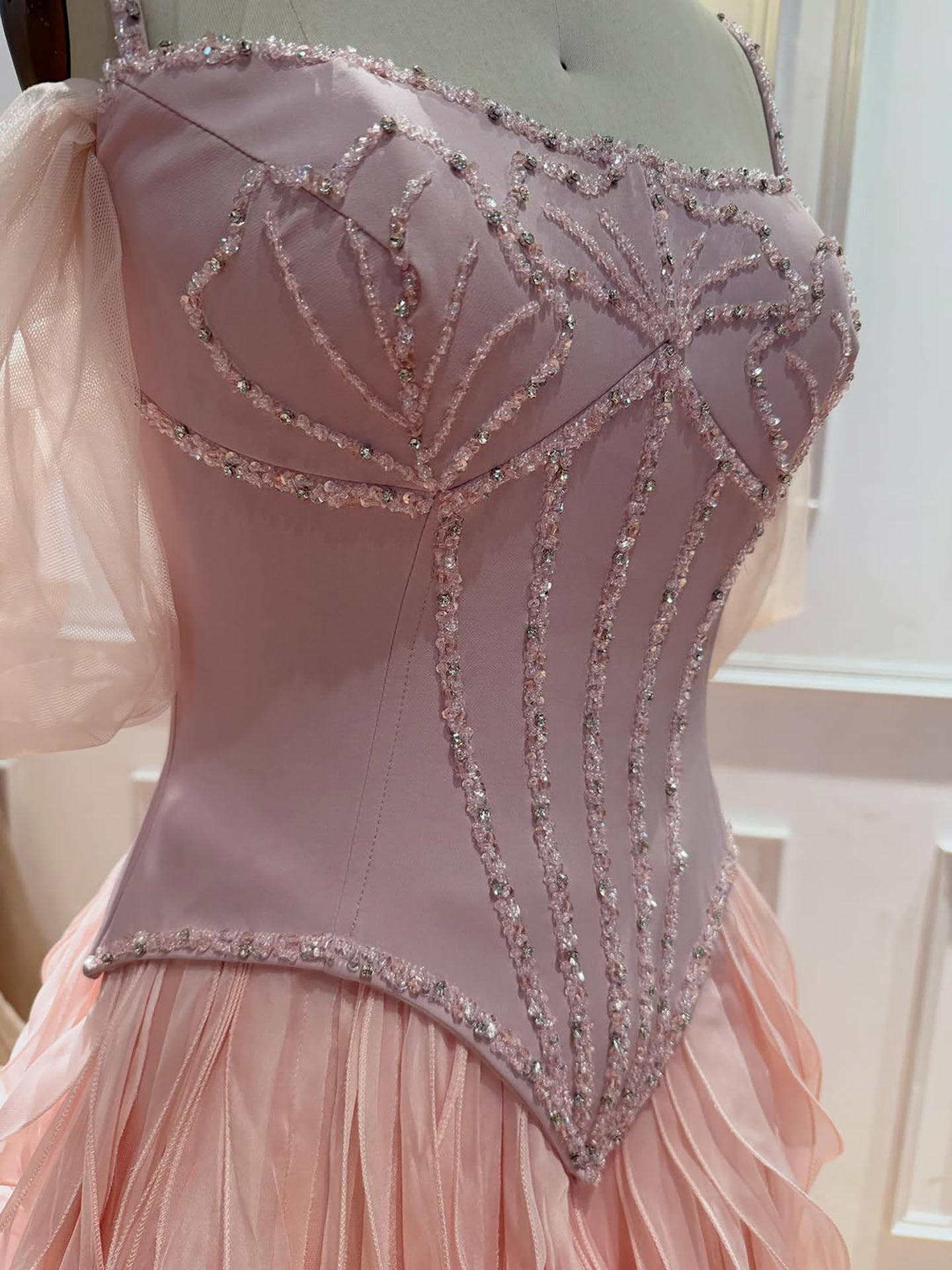 Luxury Pink Beaded Corset Ruffled Slit Evening Gown LA73368B