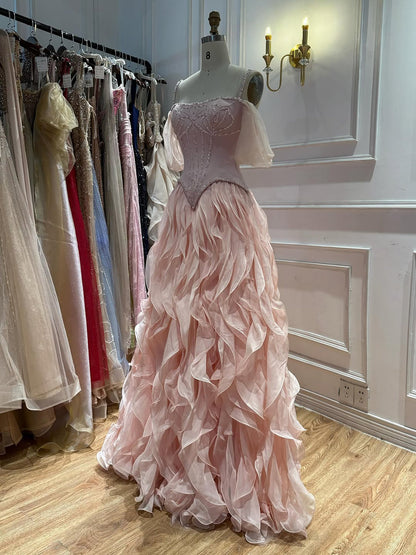 Luxury Pink Beaded Corset Ruffled Slit Evening Gown LA73368B