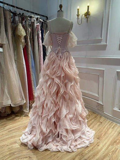 Luxury Pink Beaded Corset Ruffled Slit Evening Gown LA73368B