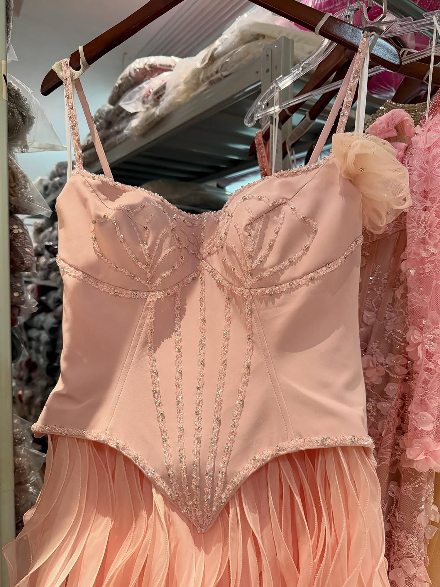 Luxury Pink Beaded Corset Ruffled Slit Evening Gown LA73368B