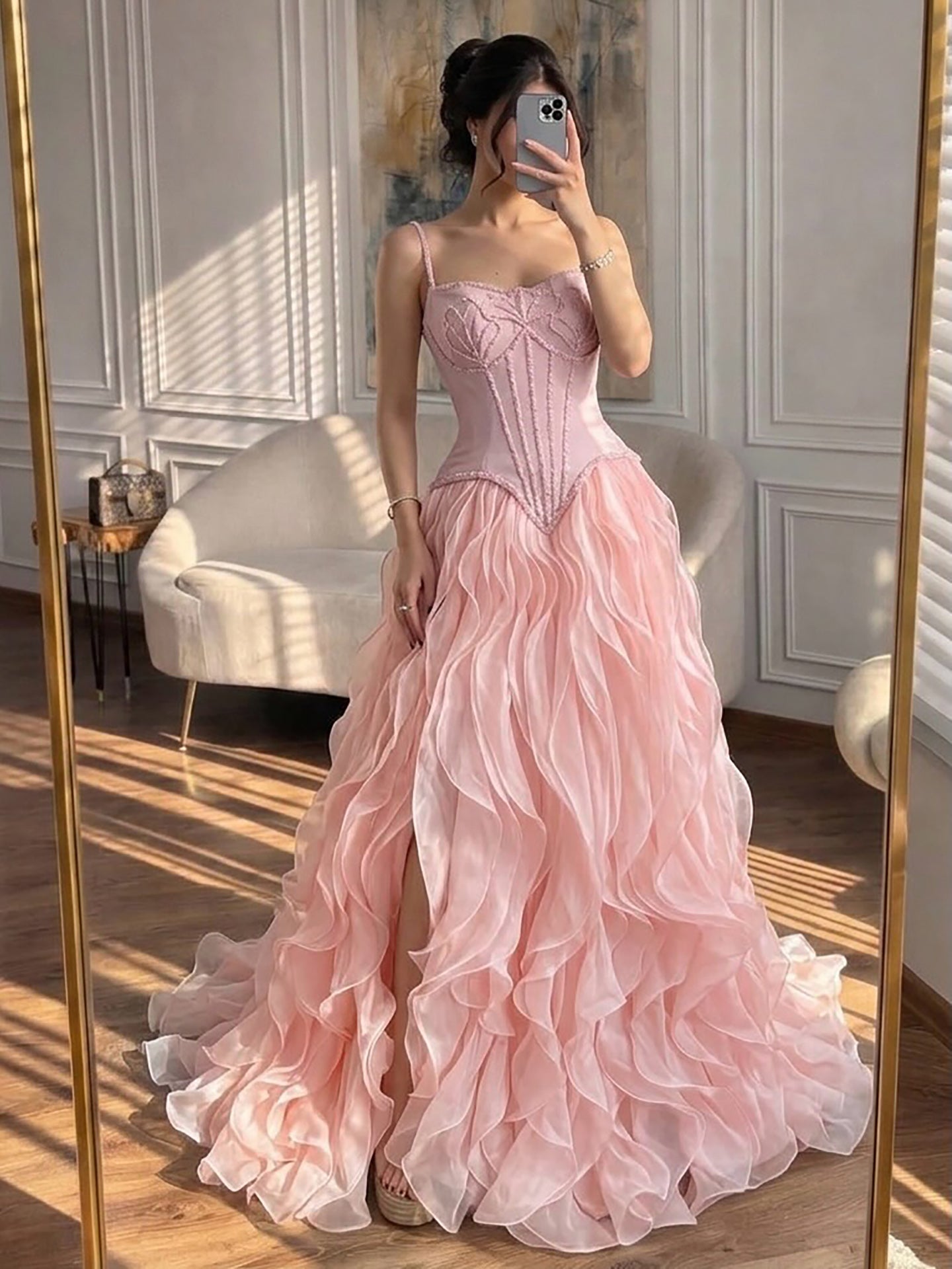 Luxury Pink Beaded Corset Ruffled Slit Evening Gown LA73368B