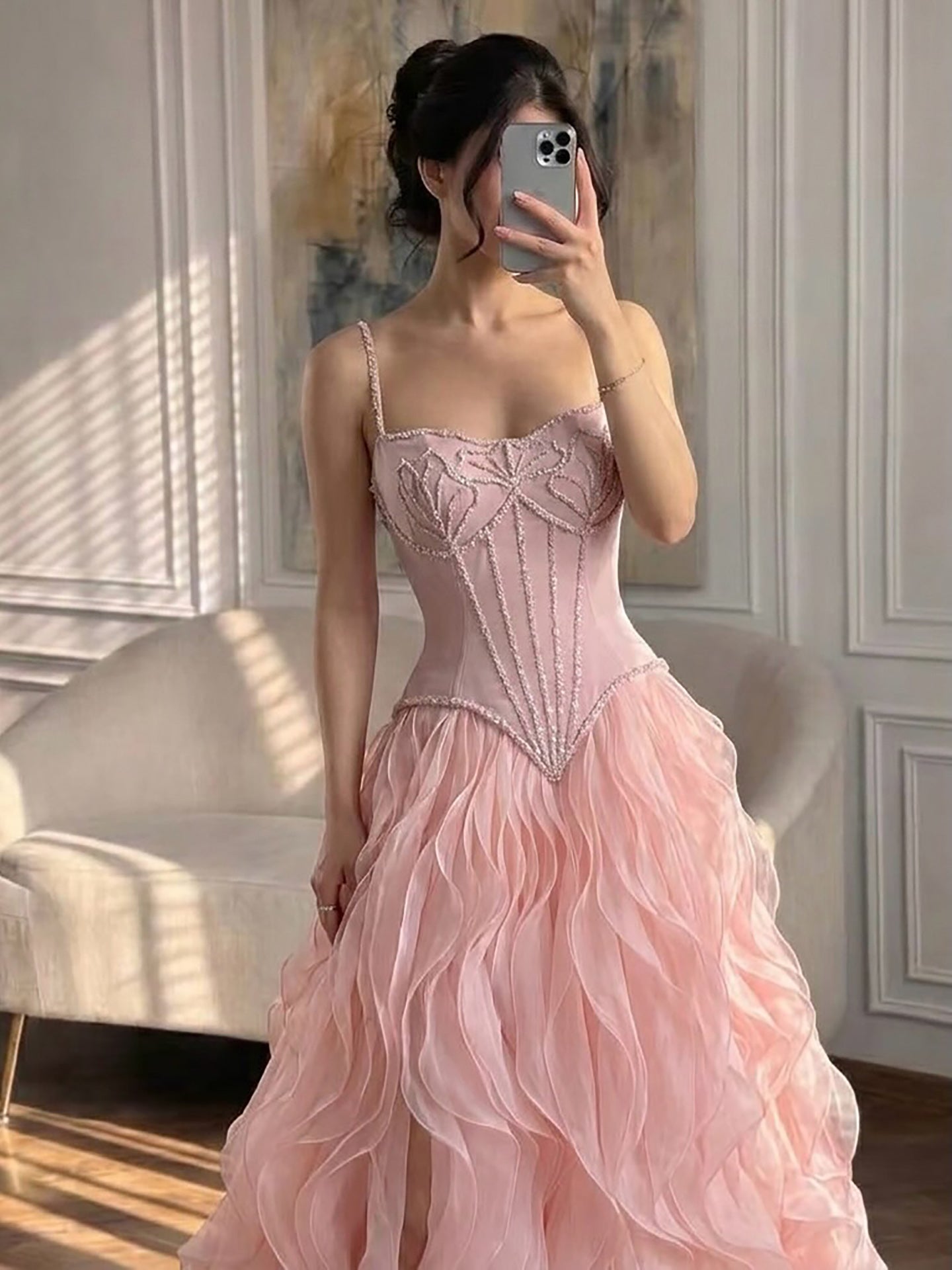 Luxury Pink Beaded Corset Ruffled Slit Evening Gown LA73368B