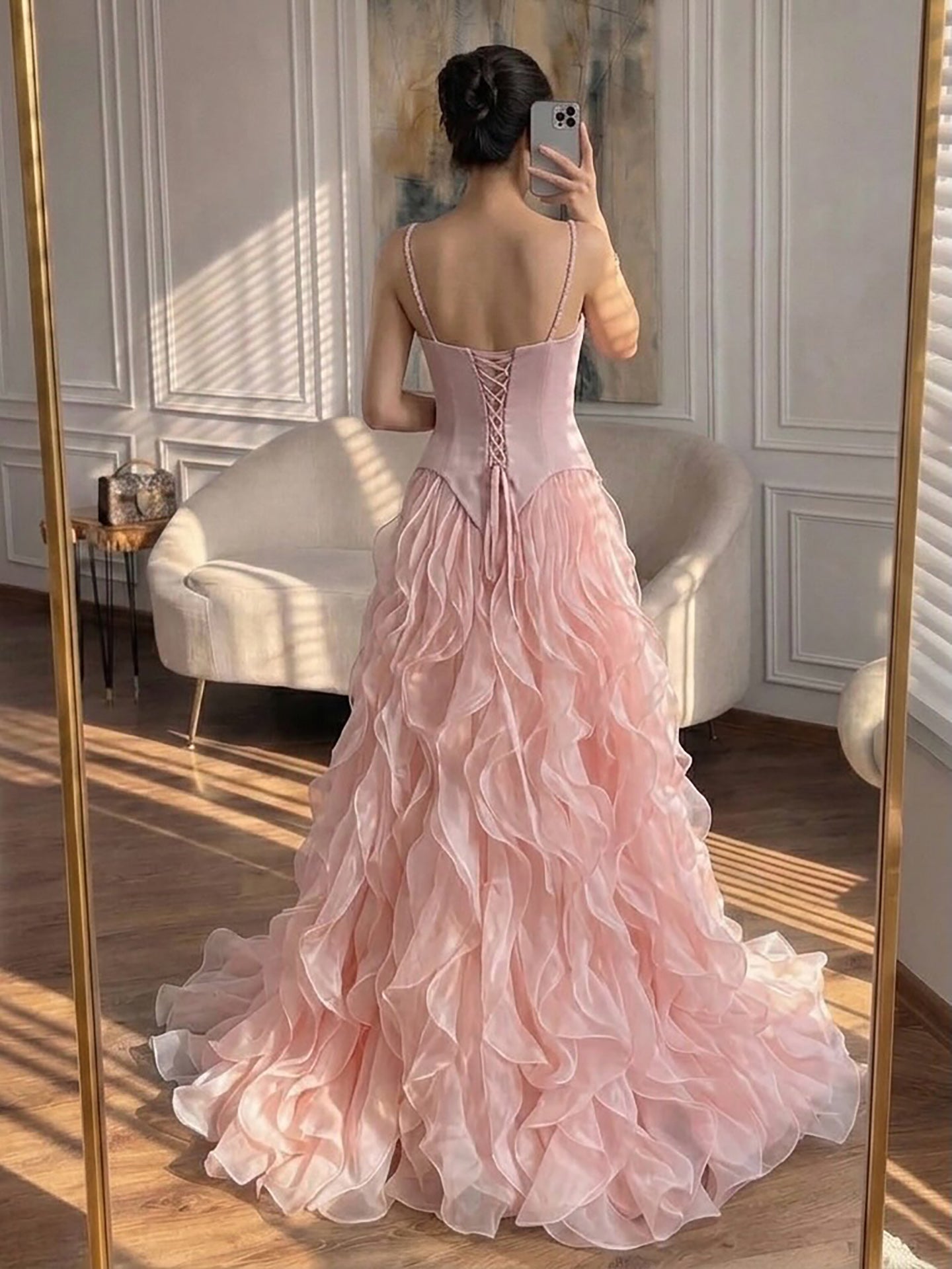 Luxury Pink Beaded Corset Ruffled Slit Evening Gown LA73368B