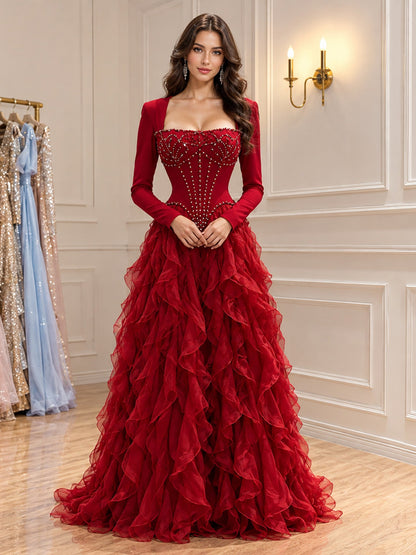Elegant Wine Red Beaded Corset Ruffle A Line Dress LA73368E