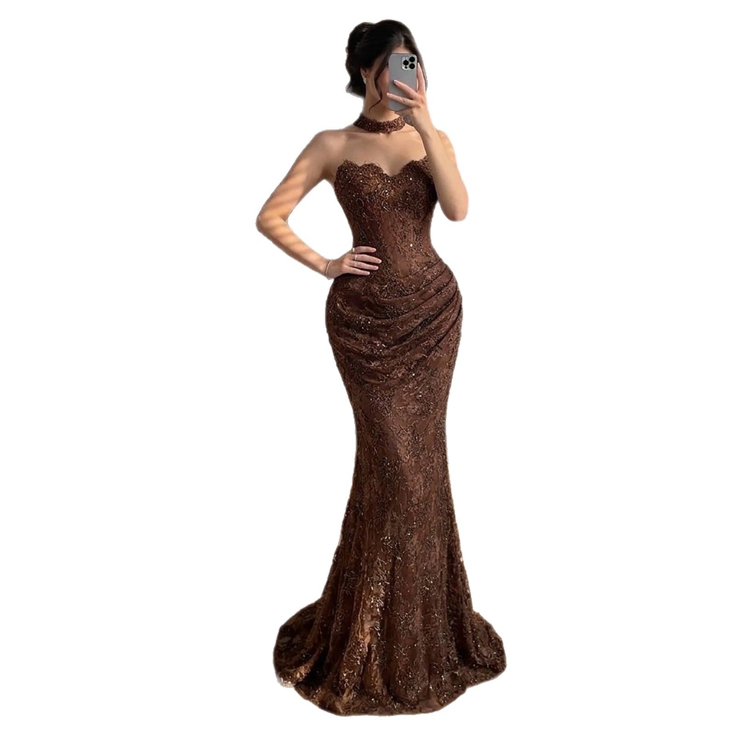 Luxury Brown Beaded Lace Mermaid Evening Dress LA73370A