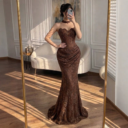 Luxury Brown Beaded Lace Mermaid Evening Dress LA73370A