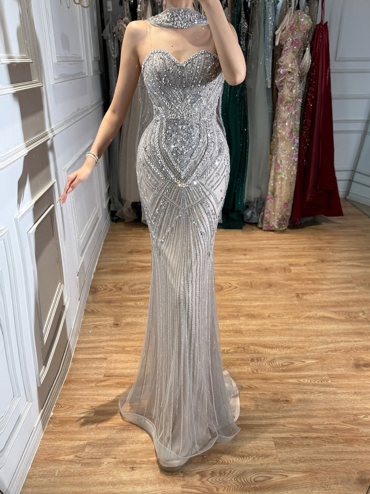 Luxury Nude Crystal Beaded Mermaid Evening Dress LA73375