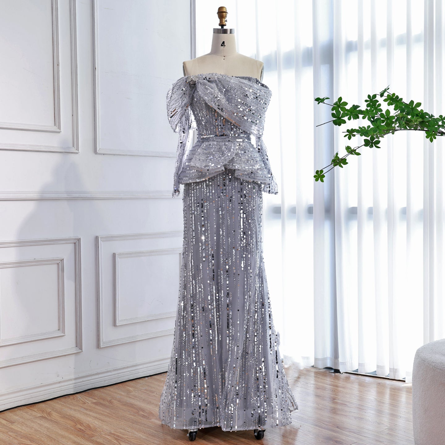 Luxury Gray Off Shoulder Beaded Mermaid Evening Dress With Sleeves LA73383