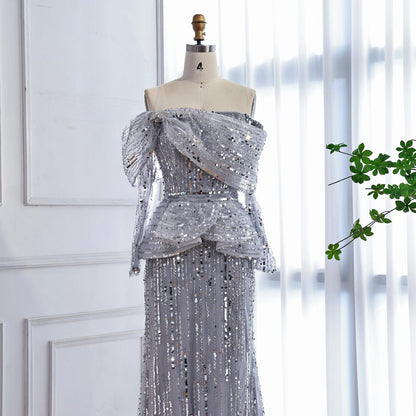 Luxury Gray Off Shoulder Beaded Mermaid Evening Dress With Sleeves LA73383