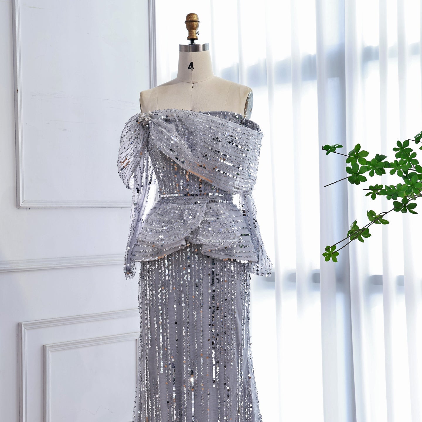 Luxury Gray Off Shoulder Beaded Mermaid Evening Dress With Sleeves LA73383