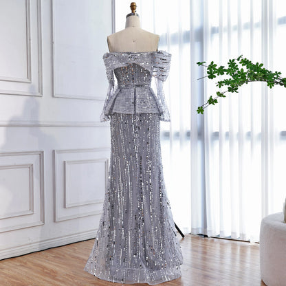 Luxury Gray Off Shoulder Beaded Mermaid Evening Dress With Sleeves LA73383