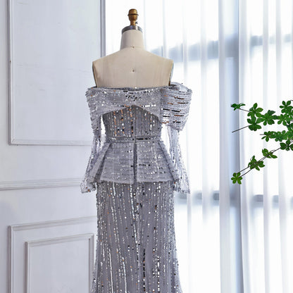 Luxury Gray Off Shoulder Beaded Mermaid Evening Dress With Sleeves LA73383