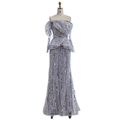 Luxury Gray Off Shoulder Beaded Mermaid Evening Dress With Sleeves LA73383