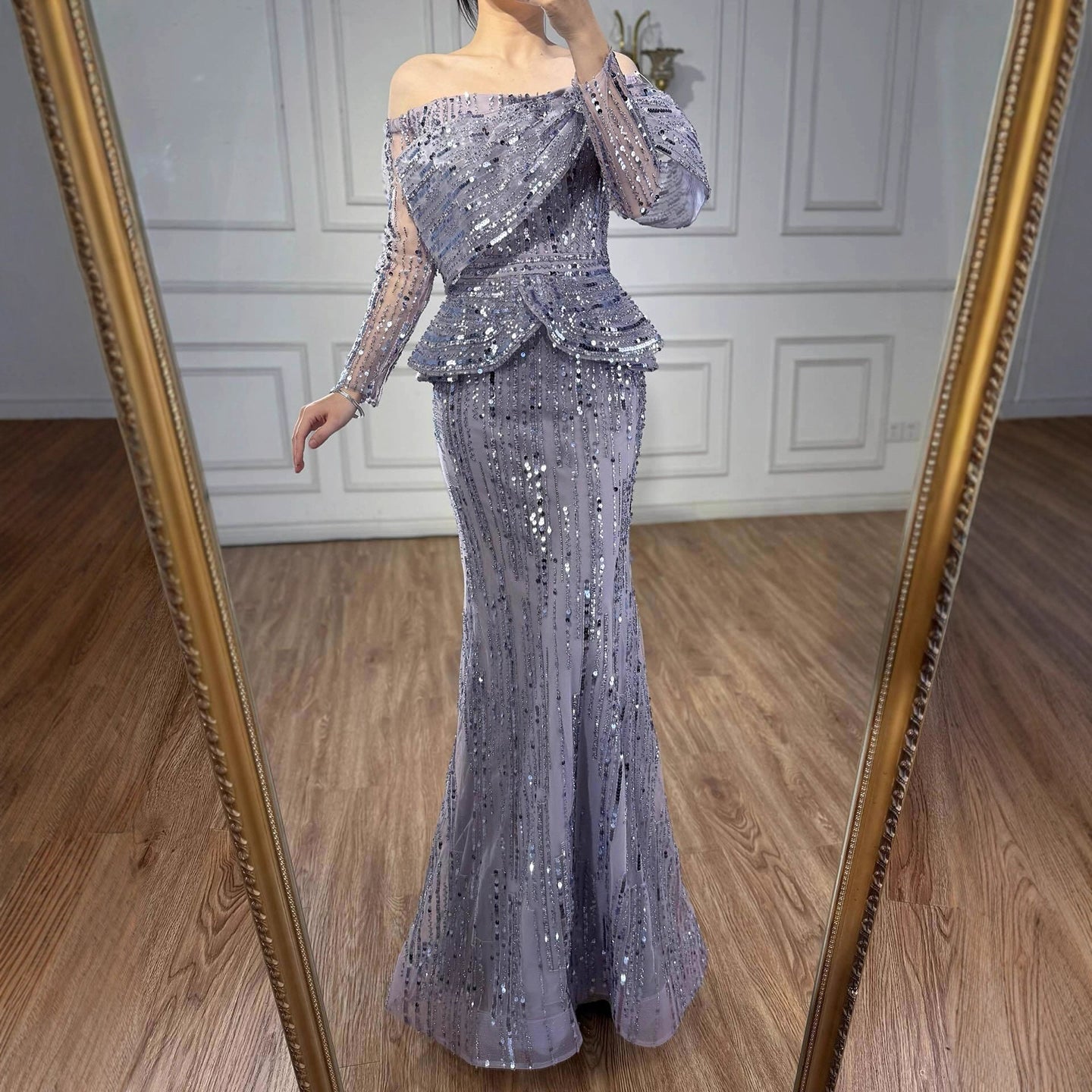 Luxury Gray Off Shoulder Beaded Mermaid Evening Dress With Sleeves LA73383