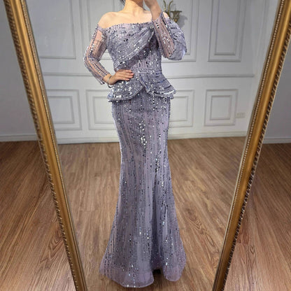 Luxury Gray Off Shoulder Beaded Mermaid Evening Dress With Sleeves LA73383