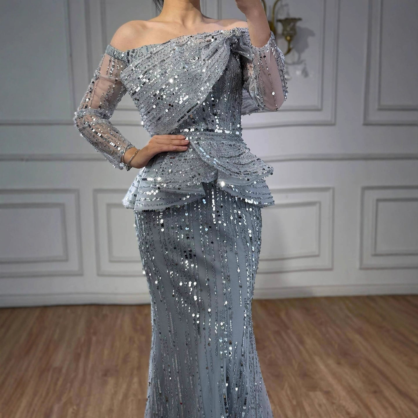 Luxury Gray Off Shoulder Beaded Mermaid Evening Dress With Sleeves LA73383