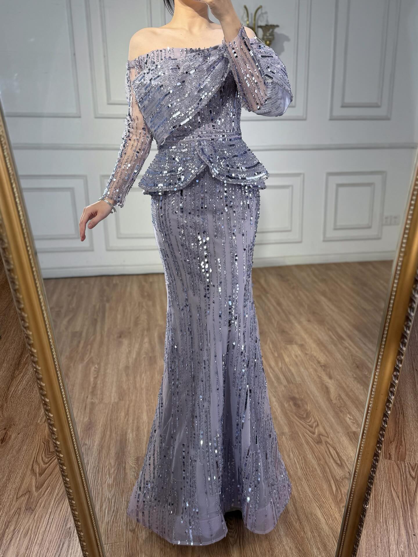 Luxury Gray Off Shoulder Beaded Mermaid Evening Dress With Sleeves LA73383