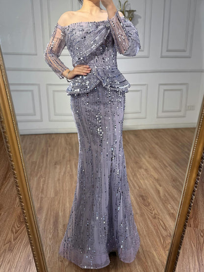 Luxury Gray Off Shoulder Beaded Mermaid Evening Dress With Sleeves LA73383