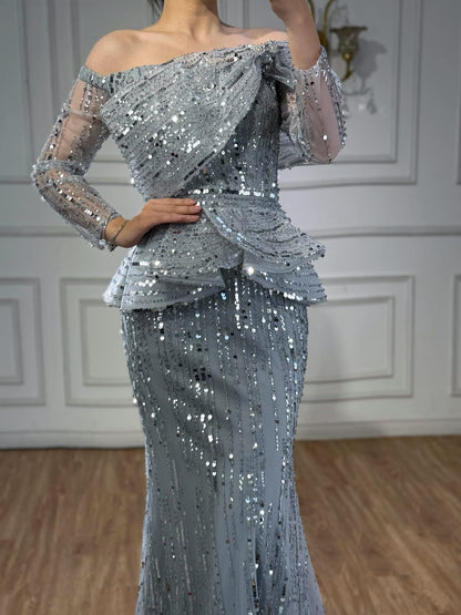 Luxury Gray Off Shoulder Beaded Mermaid Evening Dress With Sleeves LA73383