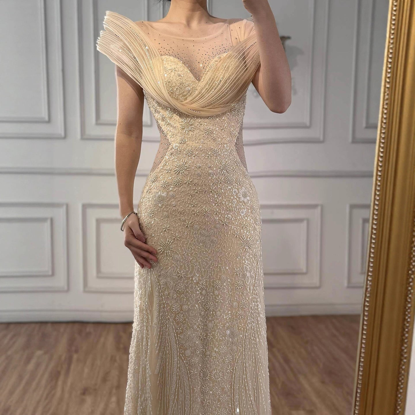 Luxury Nude  Beaded Elegant Mermaid Evening Dress LA73386