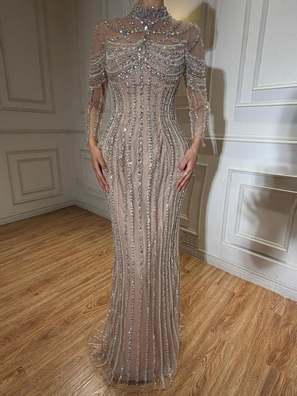 Luxury Nude Crystal Beaded Mermaid Evening Dress LA73391