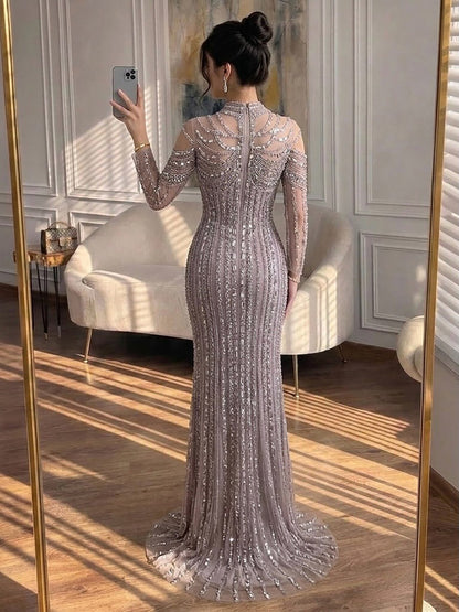 Luxury Nude Crystal Beaded Mermaid Evening Dress LA73391