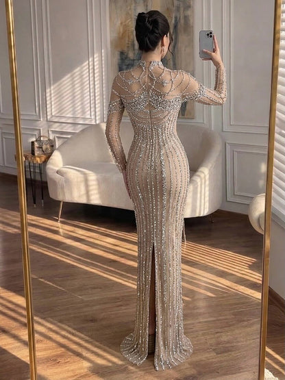 Luxury Nude Crystal Beaded Long Sleeves Mermaid Dress LA73391B
