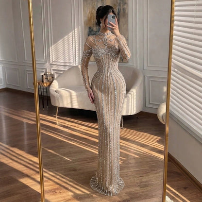 Luxury Nude Crystal Beaded Long Sleeves Mermaid Dress LA73391B