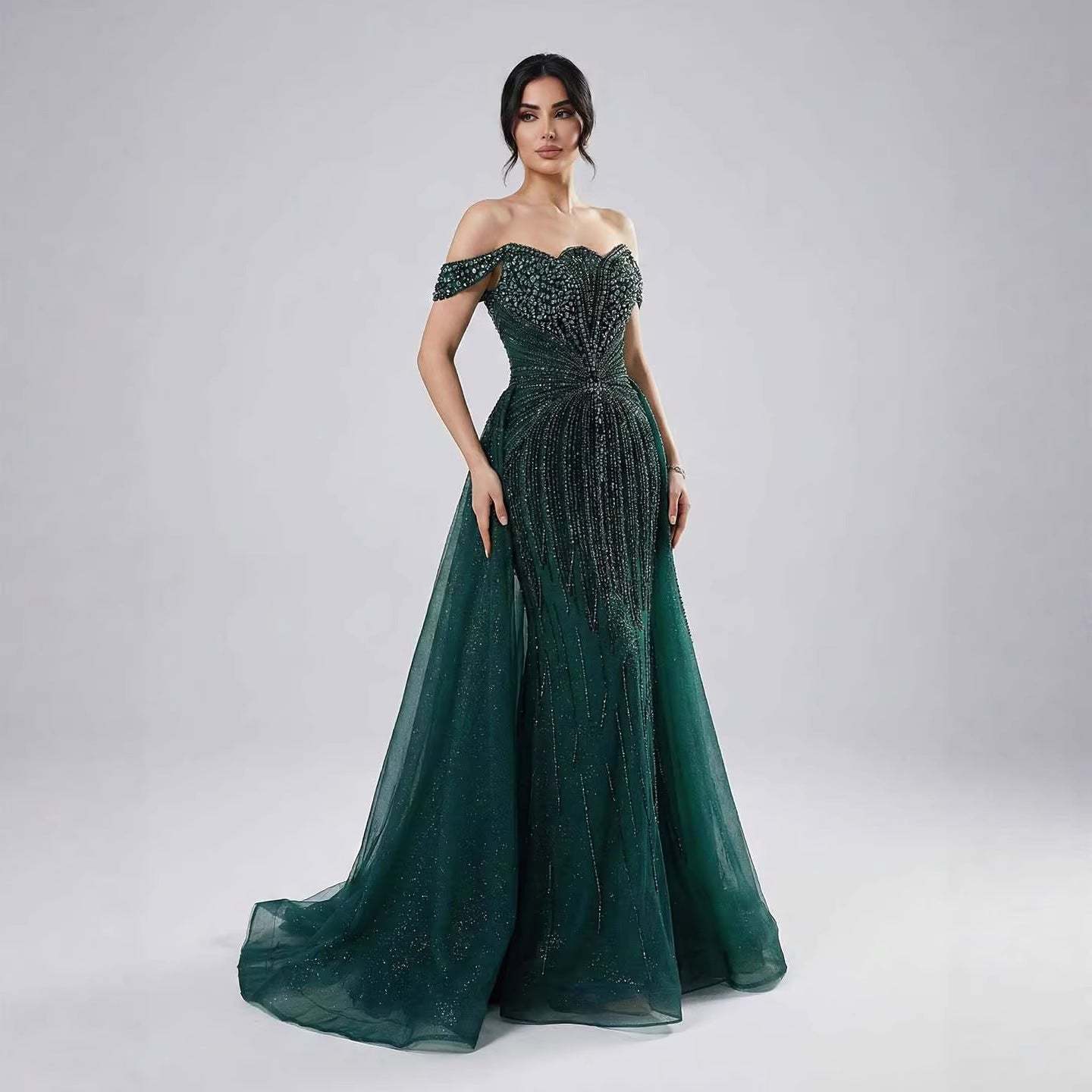 Luxury Beaded Nude Off Shoulder Mermaid Evening Dress LA73392