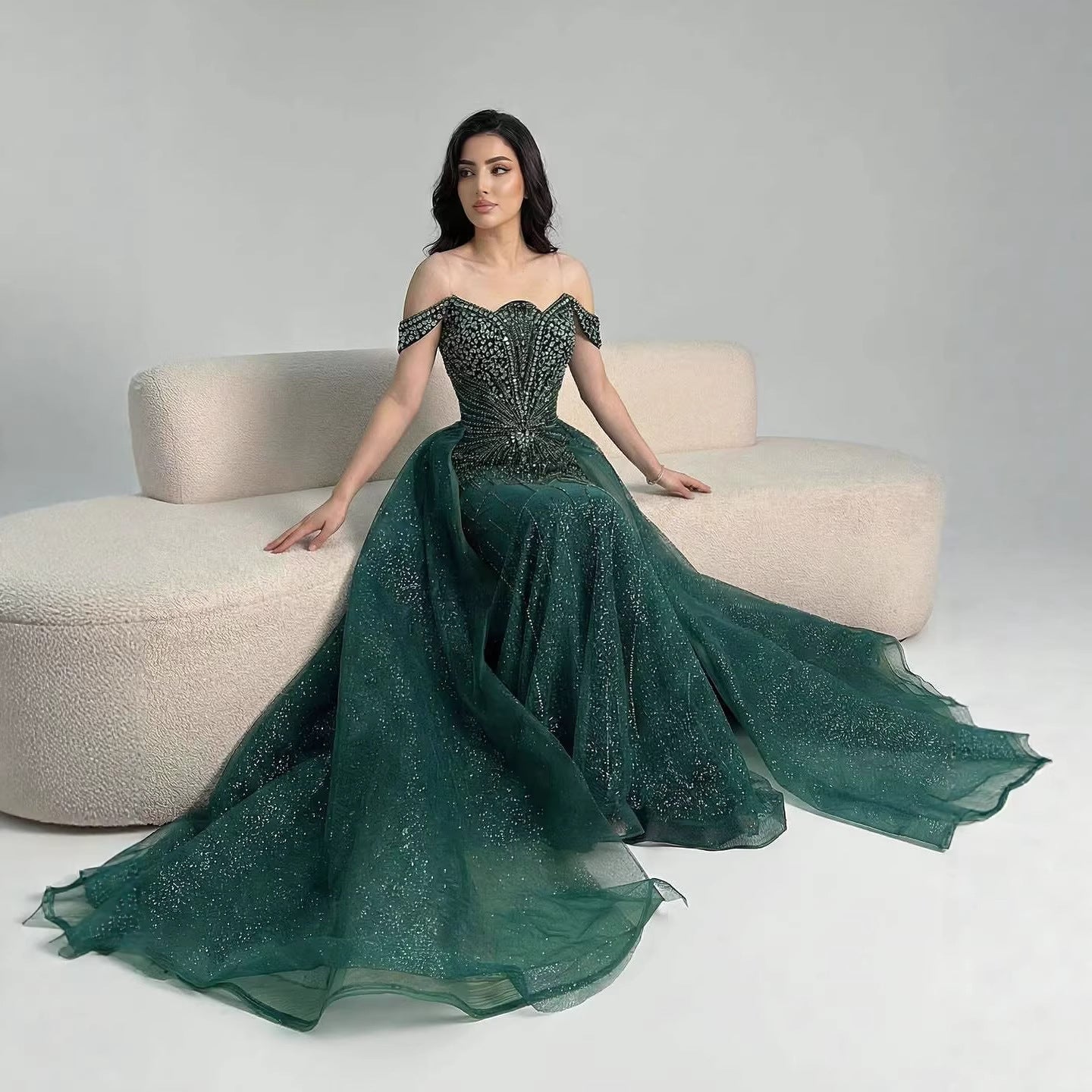 Luxury Beaded Nude Off Shoulder Mermaid Evening Dress LA73392