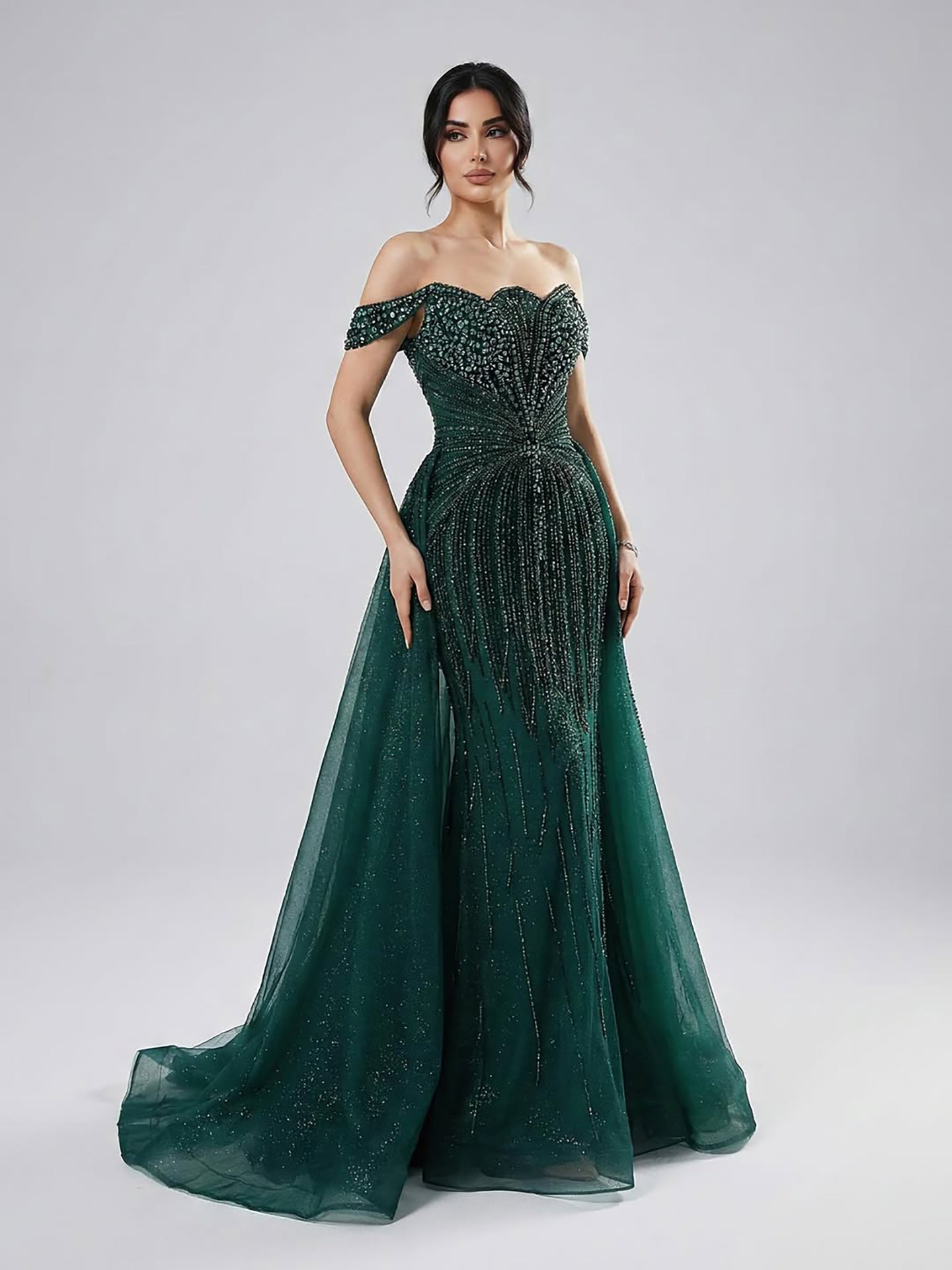 Luxury Beaded Nude Off Shoulder Mermaid Evening Dress LA73392