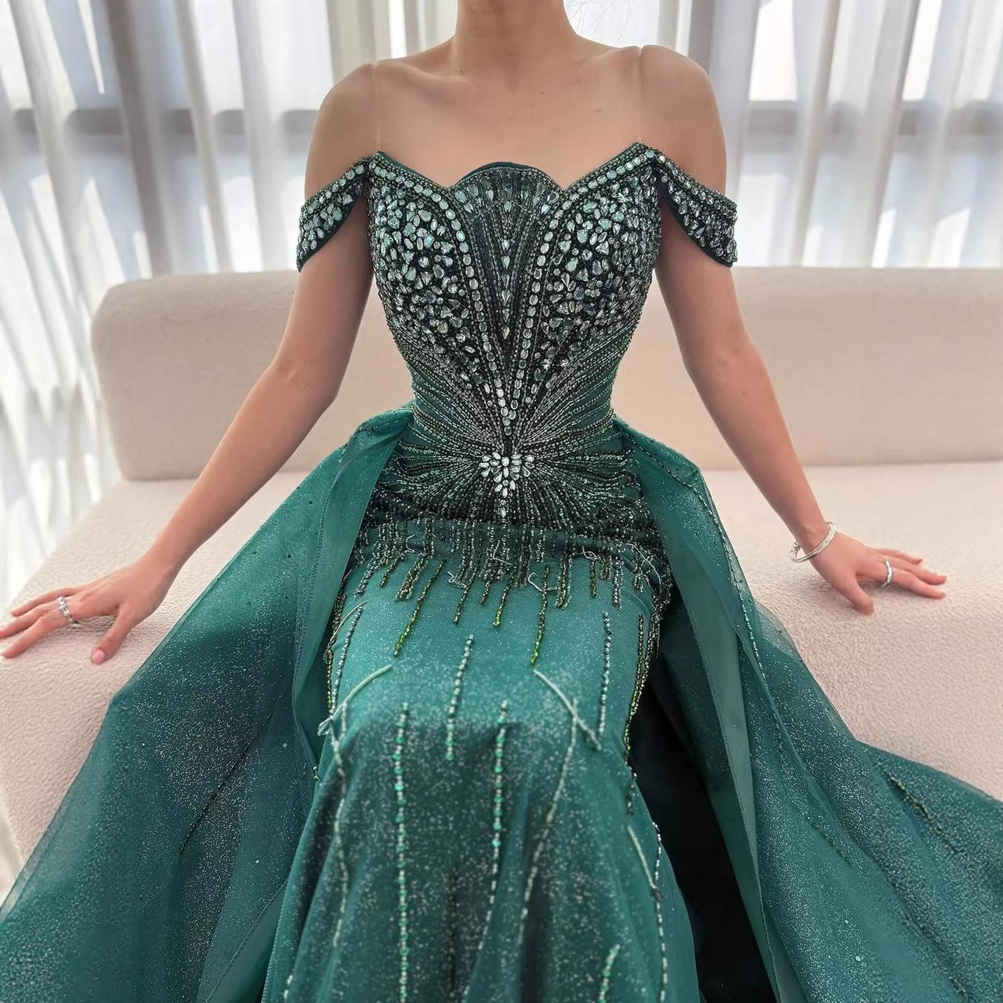 Luxury Beaded Nude Off Shoulder Mermaid Evening Dress LA73392