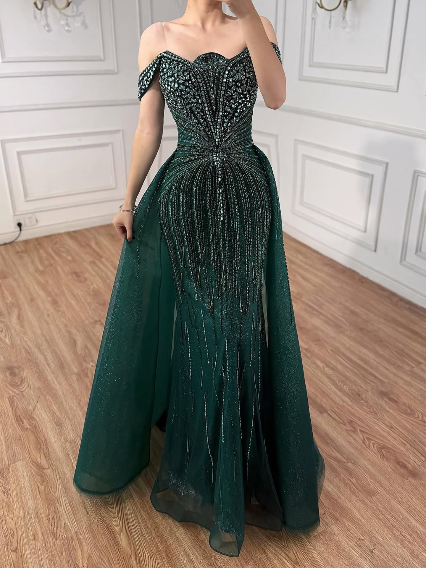 Luxury Beaded Nude Off Shoulder Mermaid Evening Dress LA73392