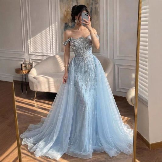 Luxury Beaded Nude Off Shoulder Mermaid Evening Dress LA73392