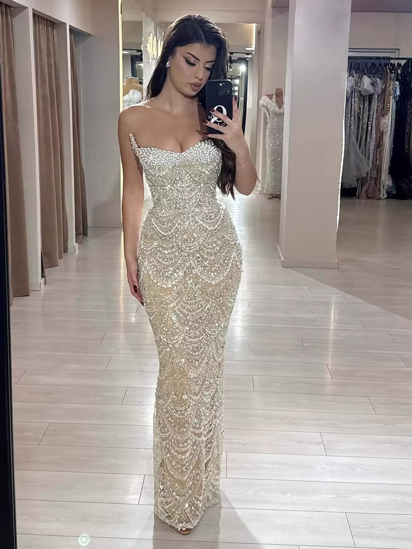 Luxury Nude Pearls Beaded Strapless Mermaid Evening Dress LA73395