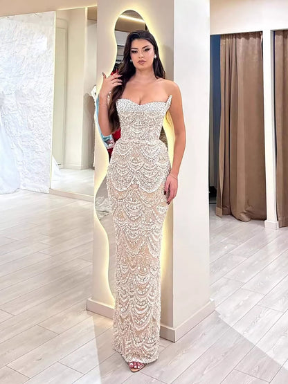 Luxury Nude Pearls Beaded Strapless Mermaid Evening Dress LA73395