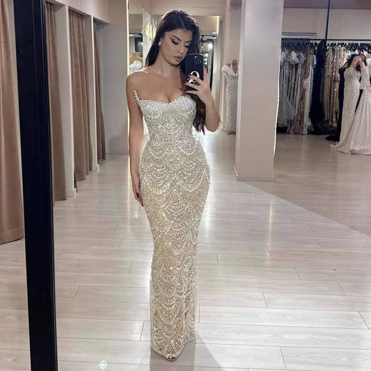 Luxury Nude Pearls Beaded Strapless Mermaid Evening Dress LA73395