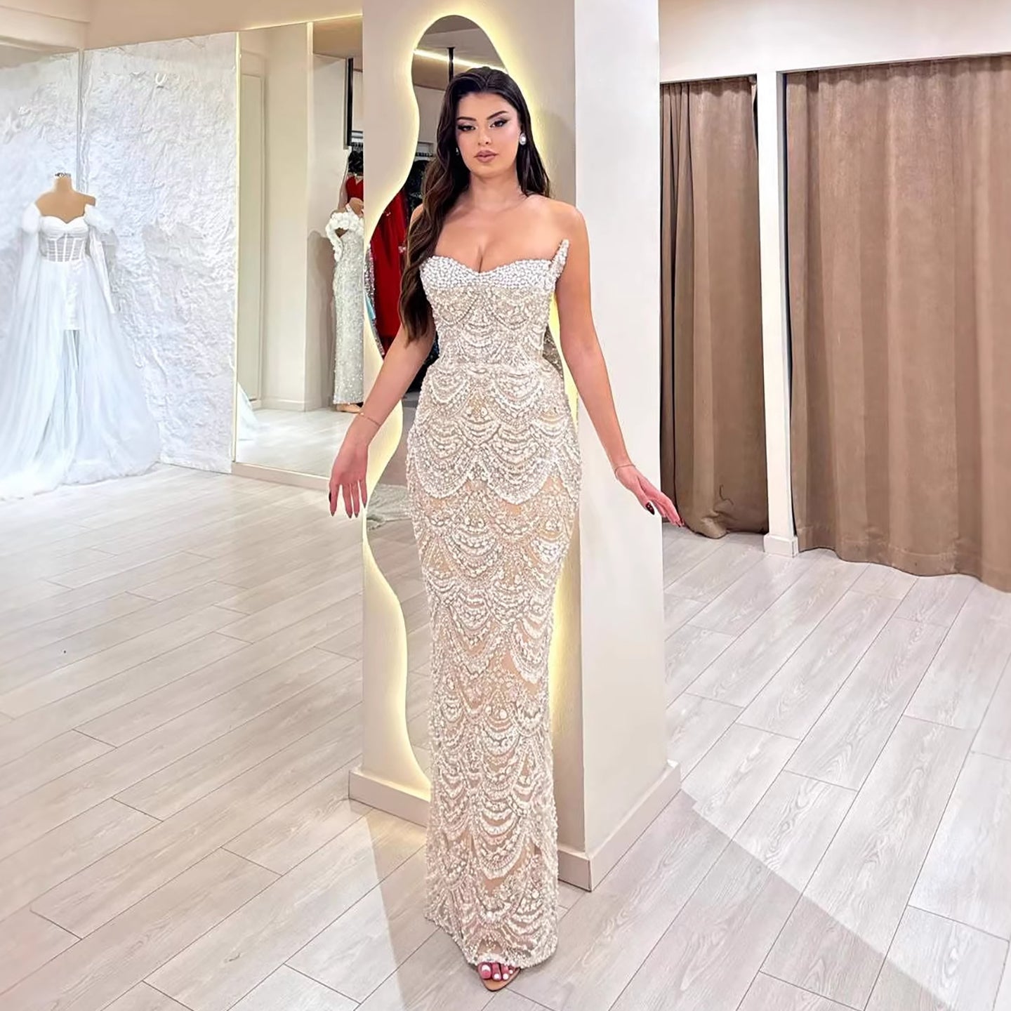 Luxury Nude Pearls Beaded Strapless Mermaid Evening Dress LA73395