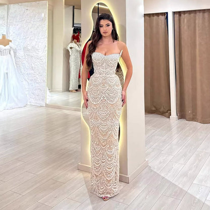 Luxury Nude Pearls Beaded Strapless Mermaid Evening Dress LA73395