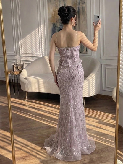 Luxury Nude Crystal Beaded Corset Mermaid Evening Dress LA73400