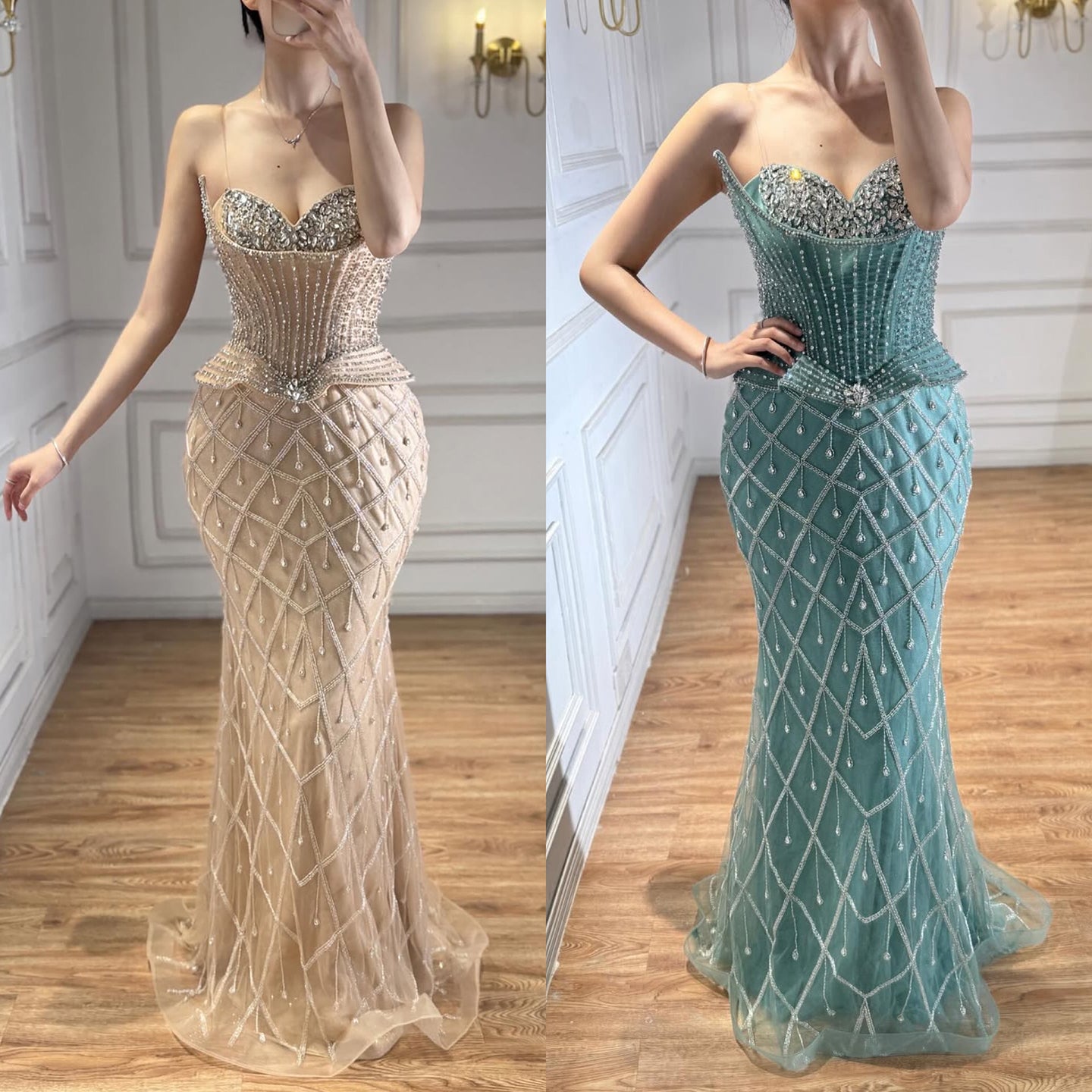 Luxury Nude Crystal Beaded Mermaid Evening Dress LA73400A