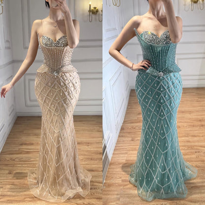 Luxury Nude Crystal Beaded Mermaid Evening Dress LA73400A
