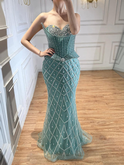 Luxury Nude Crystal Beaded Mermaid Evening Dress LA73400A