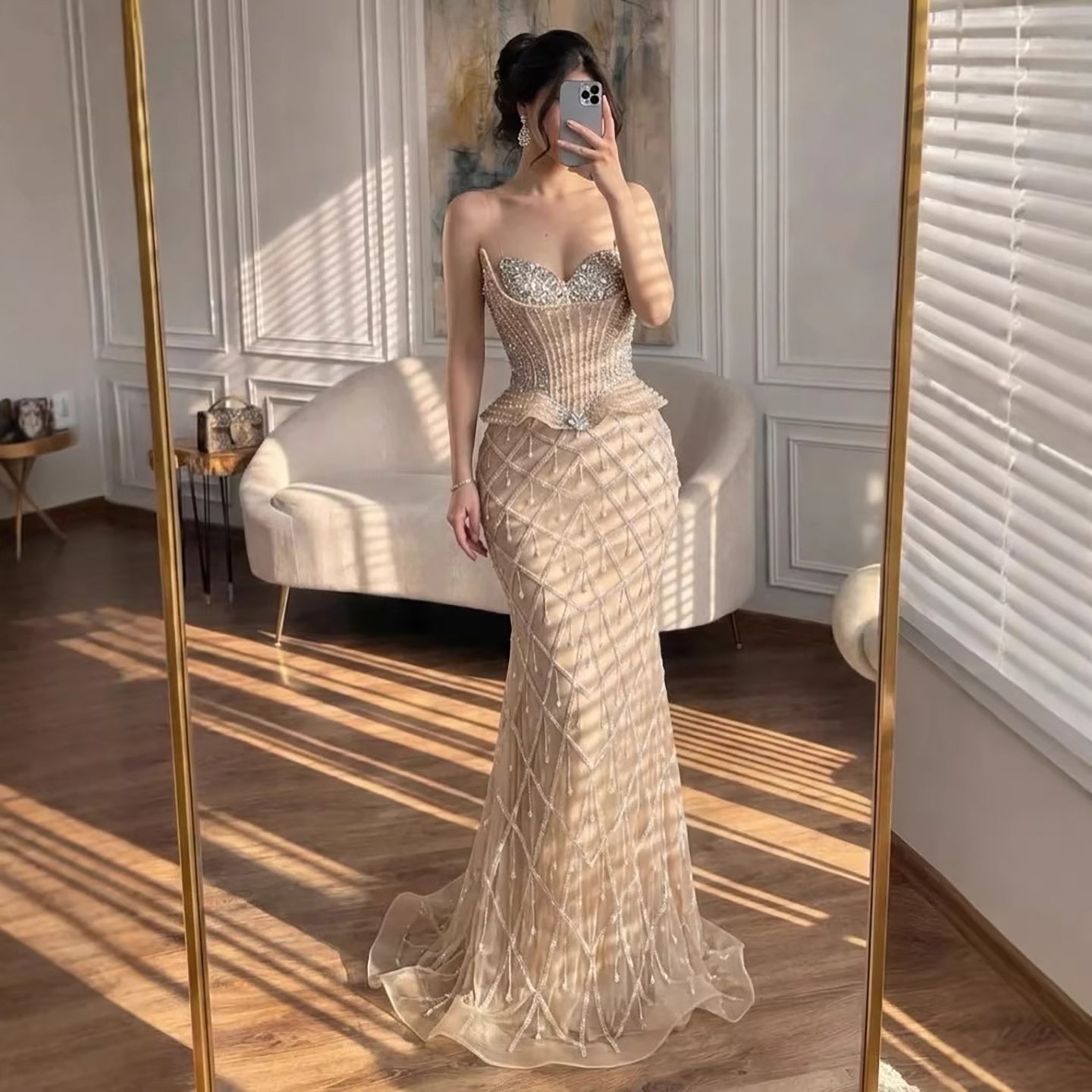 Luxury Nude Crystal Beaded Mermaid Evening Dress LA73400A