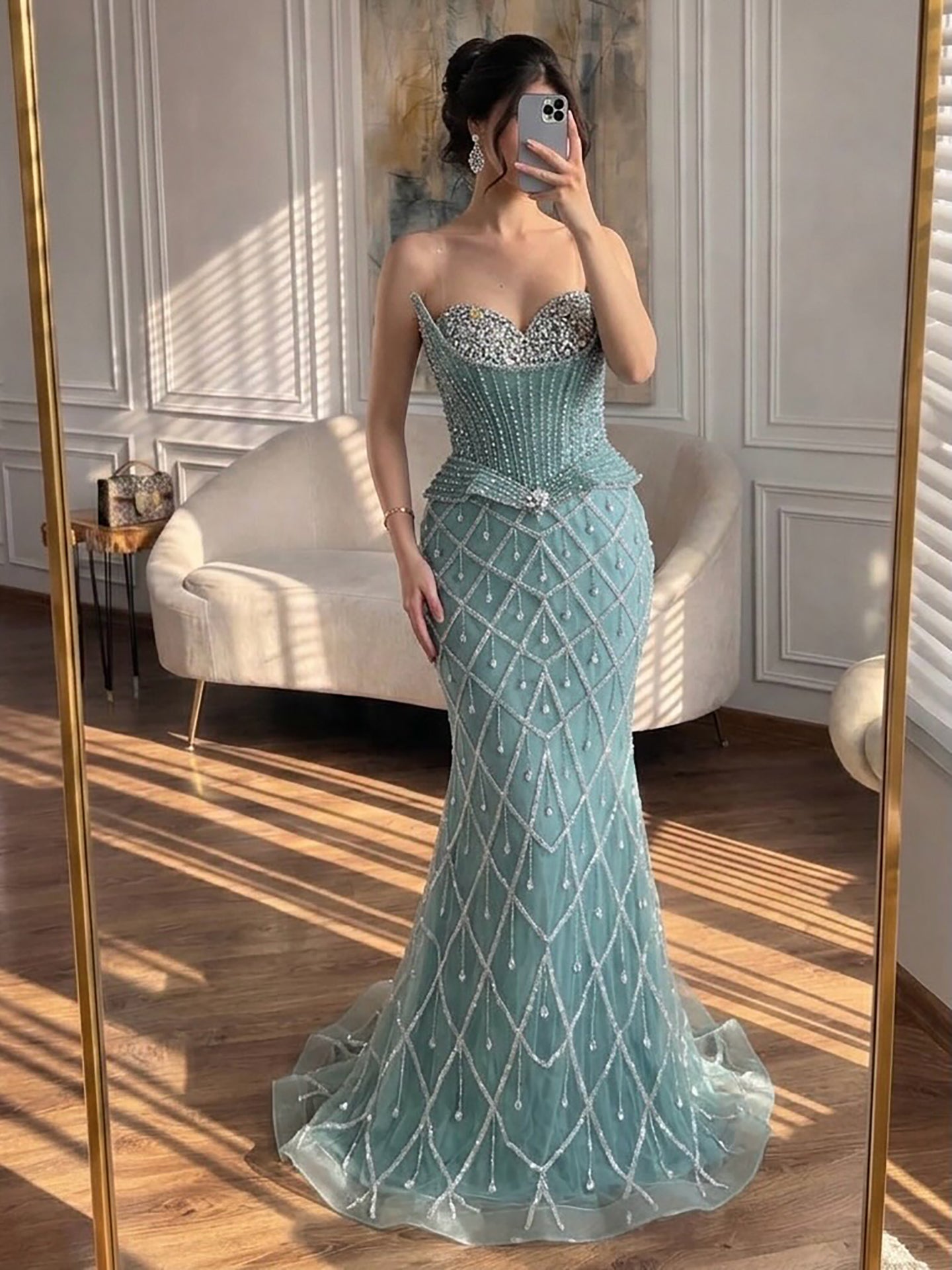 Luxury Nude Crystal Beaded Mermaid Evening Dress LA73400A