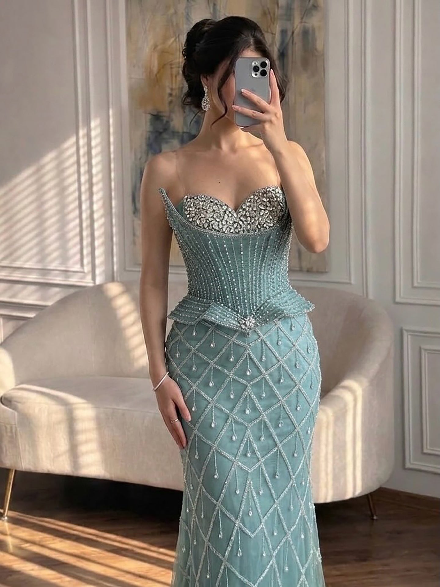 Luxury Nude Crystal Beaded Mermaid Evening Dress LA73400A