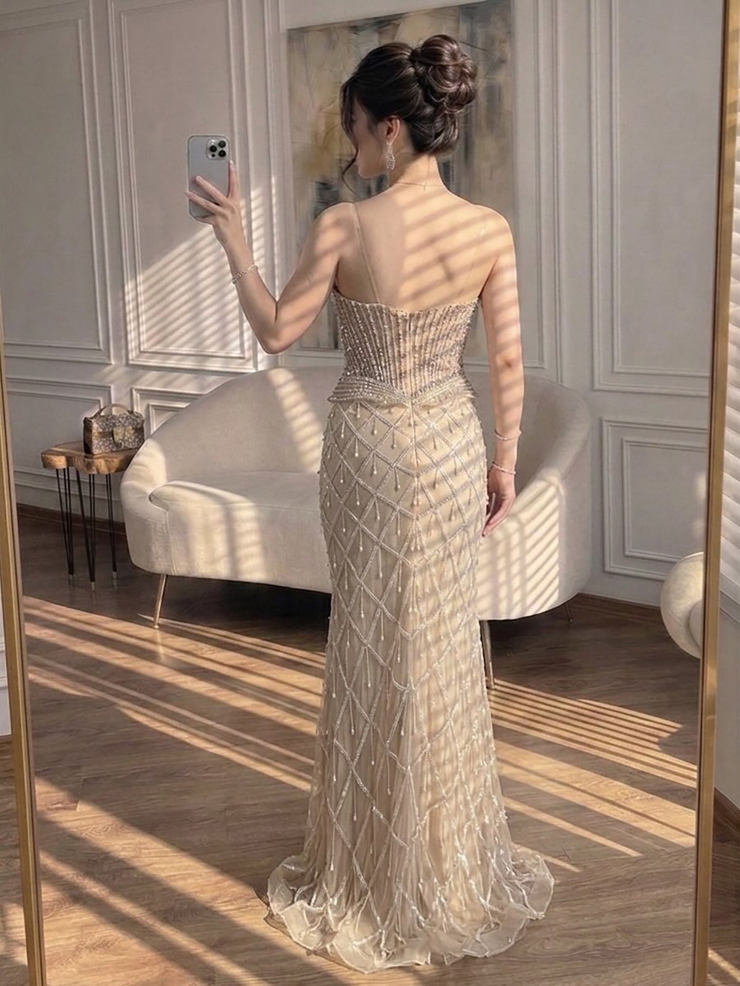 Luxury Nude Crystal Beaded Mermaid Evening Dress LA73400A