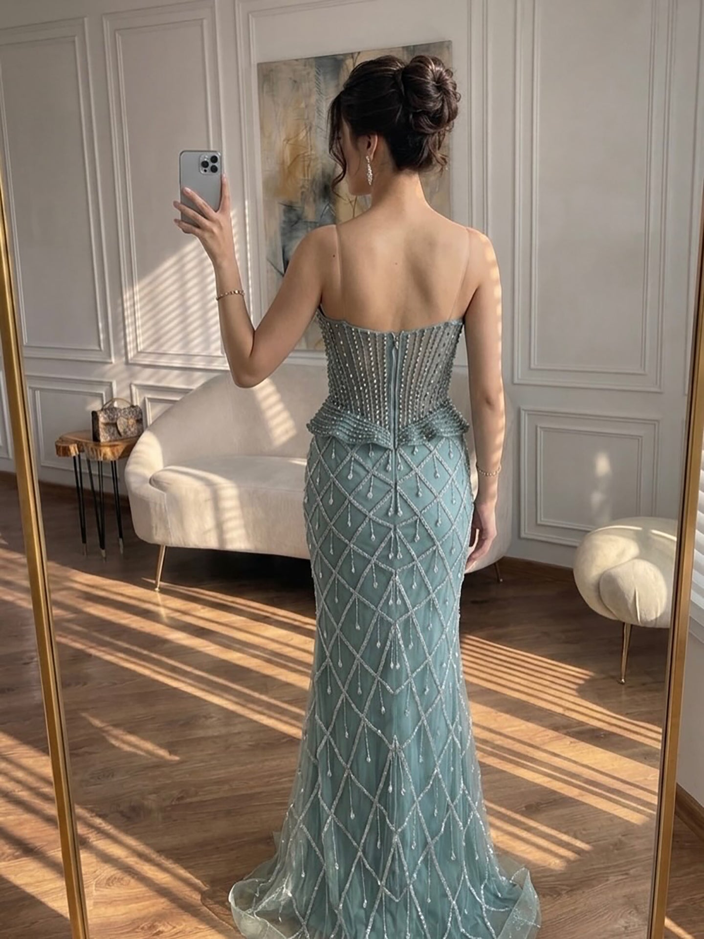 Luxury Nude Crystal Beaded Mermaid Evening Dress LA73400A