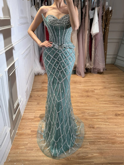 Luxury Nude Crystal Beaded Strapless Peplum Mermaid Dress LA73400B