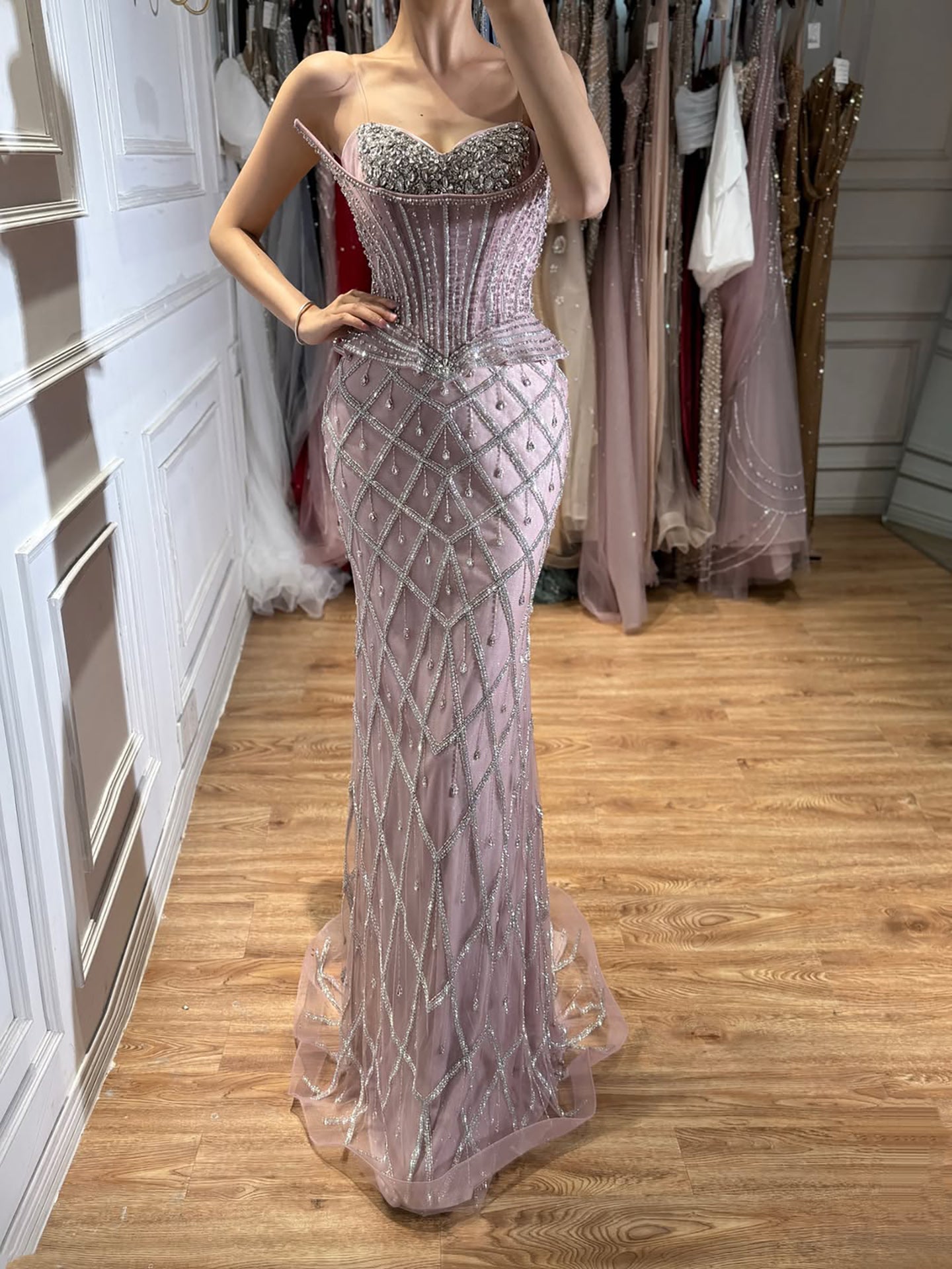 Luxury Nude Crystal Beaded Strapless Peplum Mermaid Dress LA73400B